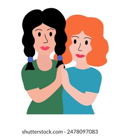 El concepto LGBT. Pareja lesbiana casada. Mujeres abrazándose. Ilustración vectorial en estilo plano.