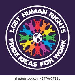 LGBT concept logo badge round. Teamwork people forming a abstract shape around of earth. Vector isolated on purple background.