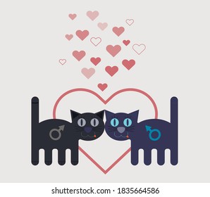 LGBT concept. Loving cats on the background of a large heart. Vector illustration. Valentine's day card