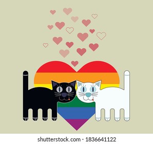 LGBT concept. Loving cats on the background of a large heart. Vector illustration. Valentine's day card