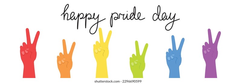 LGBT concept. Many color rainbow hand with peace or victory sign. Happy pride day. LGBT equal rights movement and gender equality concept. Vector illustration