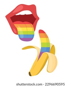 LGBT concept. Open mouth with rainbow tongue and rainbow banana. LGBT equal rights movement and gender equality concept. Vector illustration