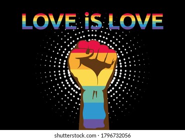 Concepto LGBT. Mano de color arcoiris con un puño levantado texto El amor es el amor en el fondo negro. Orgullo gay. Los símbolos LGBT comunican ideas, conceptos e identidad. Ilustración vectorial colorida.