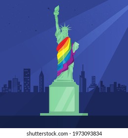 LGBT concept. The Statue of Liberty wears a rainbow robe. landmark america in gay sign. illustration vector