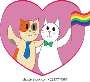 LGBT concept. Two cats with the flag on a background of a big heart.