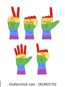 LGBT concept vector for t-shirt, banner, poster, web on the white background. Hands are painted in LGBT pride rainbow colors. Illustration for history month in October. Pride month in June