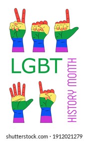 LGBT concept vector for t-shirt, banner, poster, web on the white background. Hands are painted in LGBT pride rainbow colors. Illustration for history month. Pride month in June 