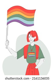 LGBT concept. Young woman holding a LGBT rainbow flag. Vector illustration in flat cartoon style. Love concept. gay parade, pride month.