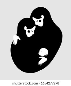 LGBT Couple With A Child. Two Young Mother Lesbians Hug Each Other And Look After The Baby. Icon, Logo, Family Sign. Vector Illustration Isolated On A White Background.