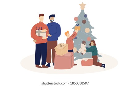 Lgbt couple with children celebrate christmas. Happy homosexual family with son and daughter open gifts. Happy gay male parents with kids enjoy wintertime. Flat vector illustration. Isolated on white