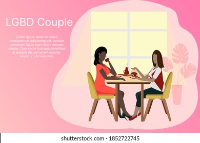 LGBT couple concept banner. Happy lesbian family. Breakfast, food in a cafe, celebration in a restaurant. Love, diversity, relationships, equality and rights. Vector illustration