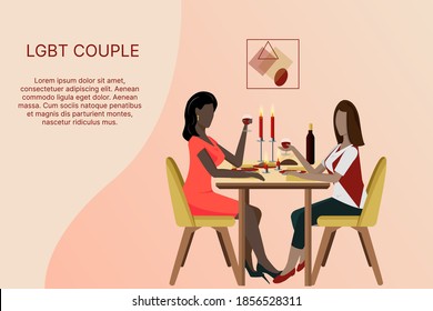 LGBT couple concept. Happy lesbian family is having a romantic dinner, dining at a cafe, celebrating at a restaurant. Illustration of the nature of love diversity, relationships, equality