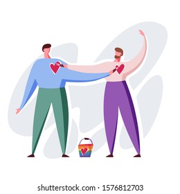 Lgbt couple draws a heart on each other. Homosexual family. Transgender romantic partners isolated on white background. Vector illustration in flat cartoon style.