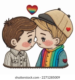 Lgbt couple. Embroidery colorful two boys. Tapestry decorative lgbt applique design. Modern textured cartoon gay love background. Vector illustration. Rainbow, symbols. Needlework stitches texture.