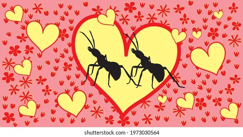 LGBT couple equal love card design. Creative art floral background with ants and hearts. Artistic collage. Trendy Graphic Design for banner, poster, cover, invitation, placard, brochure, header.