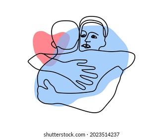 LGBT couple. Gay hugging. One gender love concept. One line drawing vector illustration isolated on white background.