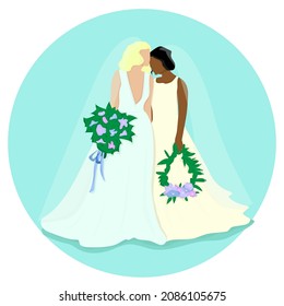 LGBT couple getting married. Female character with wedding dress and suit. Two women love each other. Unconventional Lesbian newlyweds. Cartoon flat vector illustration