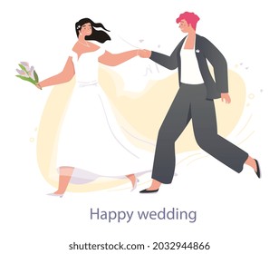 LGBT couple getting married. Two women love each other. Female character with wedding dress and suit. Unconventional Lesbian newlyweds. Cartoon flat vector illustration isolated on white background