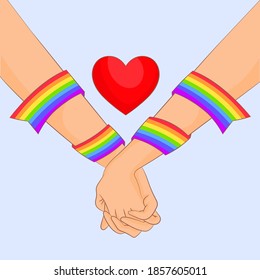 Lgbt couple hands intertwined with rainbow flag surrounding them