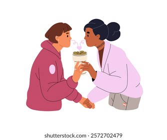 LGBT couple holds hands together. Cute lesbians drink from the same cup with straws on romantic date. Happy lovers, beloveds love each other. Flat isolated vector illustration on white background