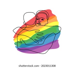 LGBT couple hugging. One gender love concept. One line drawing vector illustration isolated on white. Rainbow colors background.