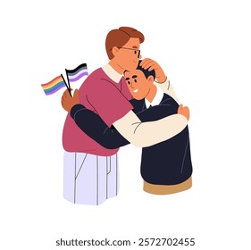 LGBT couple hugs. People with rainbow flags cuddle together. Happy asexual men support, embrace each other. Queer love, LGBTQ relationships. Flat isolated vector illustration on white background