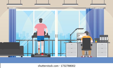 LGBT couple is living in condominium city view room together. Work from home lifestyle. One is working on computer and another has exercise running on treadmill. Vector color flat style design.
