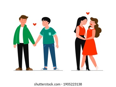 LGBT couple. Men and women at street looking at each other. Pair of romantic partners on date. Homosexual relationship. Concept of love at first sight. Flat vector illustration for Valentine's Day.