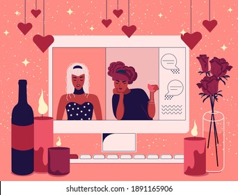 LGBT couple. On the monitor screen, two girls are on a date chatting online. The table is decorated with romantic candles, a bouquet of roses and a bottle of wine. Vector illustration in flat style.