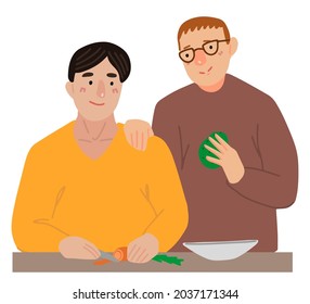 LGBT couple, one gender love. Gay men couple cooking together. Homosexual people in love. Hand drawn vector illustration. Cartoon style characters isolated on white background. Clip art for design.