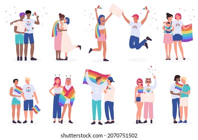 Lgbt couple people, happy family set vector illustration. Cartoon diverse group of homosexual characters standing with rainbow flag, gay, transgender and lesbian community on parade isolated on white