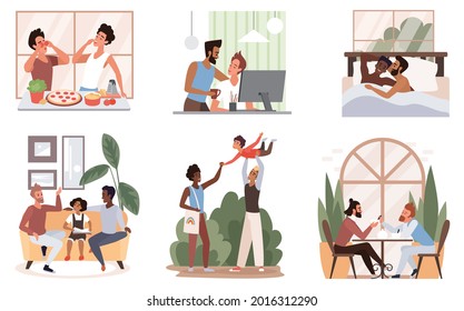 Lgbt Couple People Lifestyle Set Vector Illustration. Cartoon Homosexual Gay Family Have Fun Time Together, Boyfriends Eating On Date Or Cooking Food, Walking With Adopted Child Isolated On White