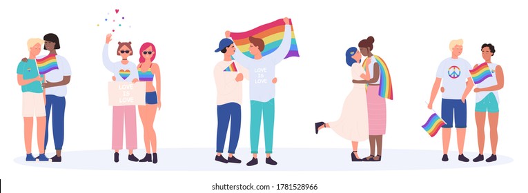 LGBT couple people vector illustration. Cartoon flat happy interracial LGBTQ community, young homosexual lover characters standing together and hugging, holding rainbow love flag set isolated on white