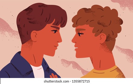 LGBT couple. Portrait of cute young men looking at each other. Pair of romantic partners on date. Homosexual relationship. Concept of love at first sight. Flat vector illustration for Valentine's Day.