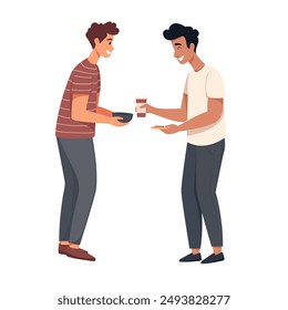 LGBT couple preparing breakfast in a bright kitchen. Two men of different races chatting during lunch break. People in flat style, on the theme of LGBT