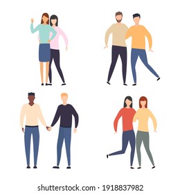 La pareja LGBT. Jóvenes muchachas y muchachos multiculturales enamorados. Relaciones gays y lesbianas románticas. Colección de personas transgénero y homosexuales. Ilustración vectorial aislada en blanco. 