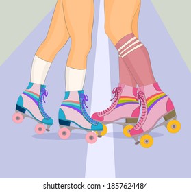 Lgbt couple skating with rainbow flag emblems
