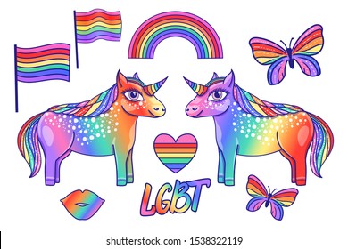 LGBT Couple unicorn hand drawn with raibow flag, heart, butterfly. Vector set print isolated on white background. Sign
