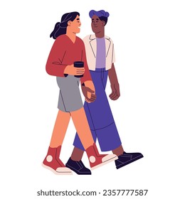 LGBT couple walking, hold hands. Homosexual women spend time together. Lesbian partners talk on date. Romantic love in interracial relationship. Flat isolated vector illustration on white background