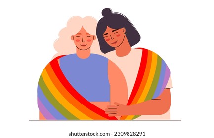 LGBT couple of women lesbians vector flat illustration. Lesbian couple holding lgbtq+ flag. Pride month.