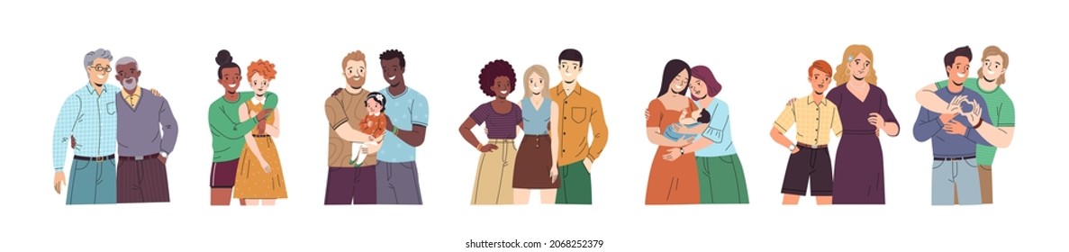 LGBT couples and families. Vector illustration in trendy flat style of gay people in love of different sexes and ages. Isolated on white