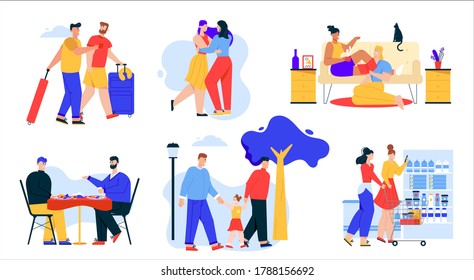 LGBT couples or family set isolated scenes. Male partners travel, have romantic date at dinner, raise child together. Women live together, dance, buy food in supermarket. Vector character illustration - Shutterstock ID 1788156692