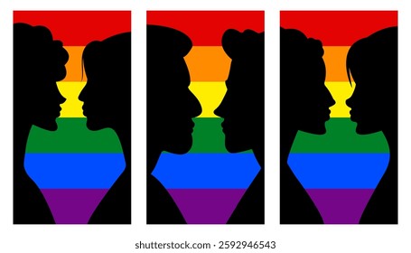 lgbt couples in front of the rainbow flag, vector illustration