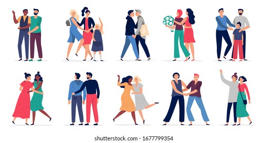 Parejas LGBT. Romántica pareja gay, gente feliz abrazándose y bailando juntos. Parejas gays y lesbianas con niños ilustran vectoriales. Pareja romántica lgbt, novio homosexual