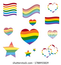  LGBT culture symbol.Pride vector icon set.Collection of Color rainbow flag. Hand drawn pride.Isolated. 