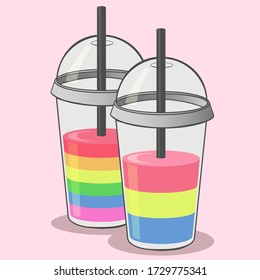LGBT cups with smoothie painted in colors of rainbow and pansexual flag. Cute cartoon mugs. Isolated vector illustration