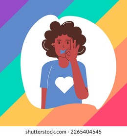 LGBT Day of Silence. African-American man with closed, taped mouth, raising his finger to his lips to signify silence
