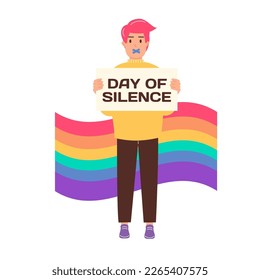 LGBT Day of Silence. A man holds a banner with the inscription Day of Silence with her mouth taped over