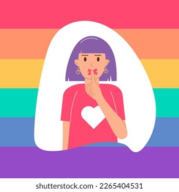 LGBT Day of Silence. A woman with a closed, taped mouth, raising her finger to her lips, signifying silence