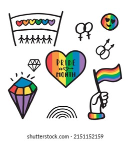 LGBT doodle set. Rainbow flag, pride month. Vector illustration